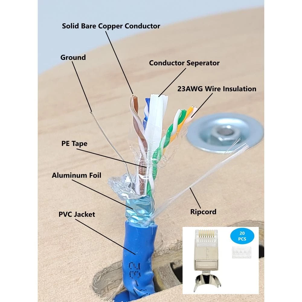 500 ft. CAT6A 23AWG/8-Conductors Solid & Shielded (F/UTP) CMR Riser Bulk Cable w/20-Piece of Shielded Modular Connectors by Micro Connectors, Inc 2 500 ft. CAT6A 23AWG/8-Conductors Solid & Shielded (F/UTP) CMR Riser Bulk Cable w/20-Piece of Shielded Modular Connectors by Micro Connectors, Inc - Image 2